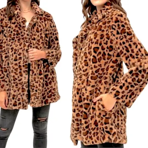 Faux Fur Fully Lined Leopard Print Coat w Notched Collar & Hand Pockets XL