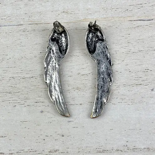 Boutique 💕 Silver Tone Angel Wing Earrings Brushed Pewter Black Bird Wings