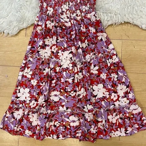 Casual red / pink summer floral midi dress size L.