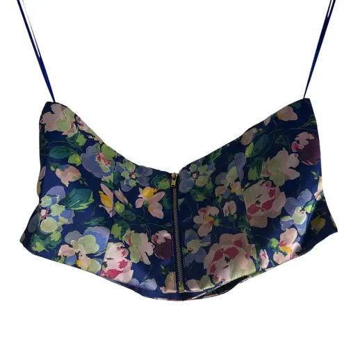Amur Blue Floral Print Satin Strapless Cropped Top Size Medium
