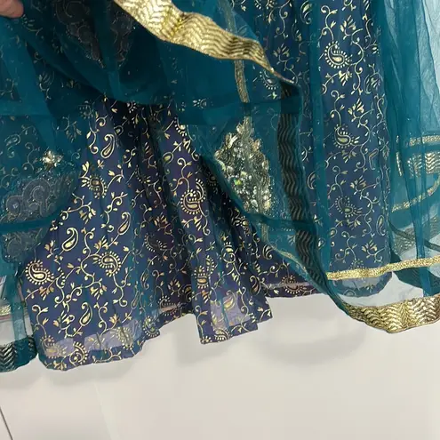 Pakistani Blue and Gold Beaded Sequin Long Sheer Sleeve Dress Size XS