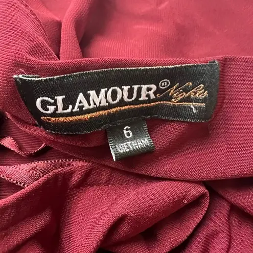 Glamour Nights Burgundy Draped Maxi Dress with Rhinestone Brooch Cape Sleeves 6 Red