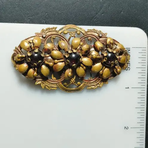 Antique Brooch Victorian Art Nouveau Gold Tone Floral Gilt Brass Dark Glass