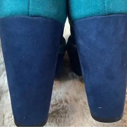 Jellypop blue and purple suede platform heels.