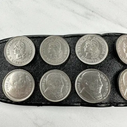 Vintage Argentina Coin Studded Leather Chain Belt Gaucho Western Small (S) ✨ Black