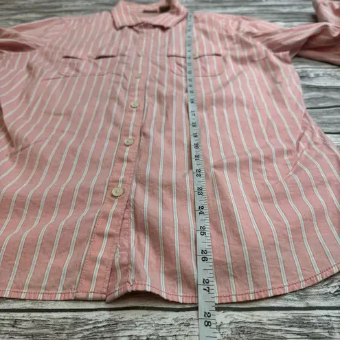 L.L.Bean  Women's Striped Button Down Roll Tab Blouse L LG Large Reg Pink White