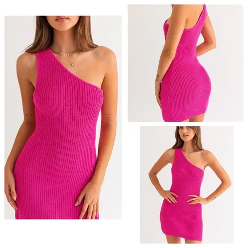 Le lis NWT  Barbie Pink Crochet Knit One Shoulder Mini Bodycon Sweater Dress LG