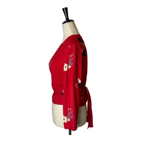 Rollas Shirt Women Small Red Floral Print Delilah Wrap Blouse Boho Cottagecore