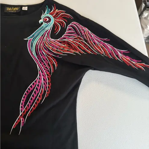 Bob Mackie Sequin Peacock Vintage 90s Rhinestone Eye Dolman Sleeve Top Black M