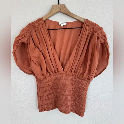 ALC Frank A.L.C. Luna Shirred V Neck Cotton Top in Armagnal Dusty Coral size 0 $295