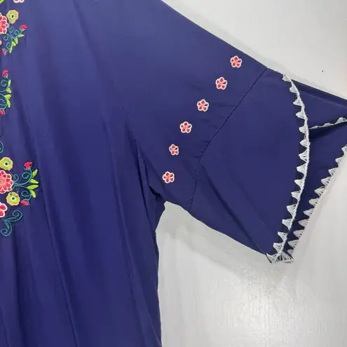 Ashir Aley Blue Embroidered Floral Boho Flowy Short Sleeve Top Size Large