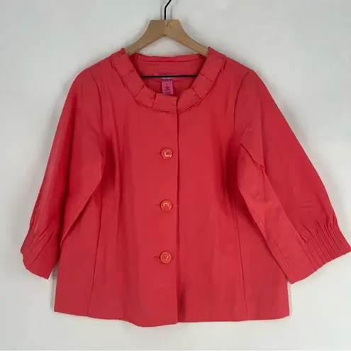 Du Jour Coral Pink Button Front Ruffle Trim Collarless Jacket 3/4 Sleeves NWOT M Size M