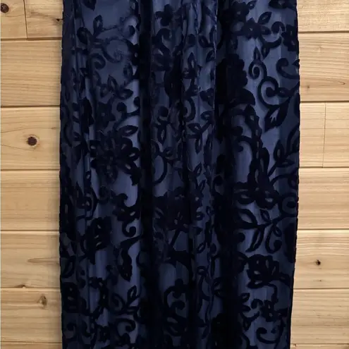 Vintage Steppin Out Sz Small Navy High Neck Crushed Velvet Mesh Filigree Dress Blue