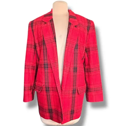 Vintage 90s Leslie Fay Red Plaid Blazer Oversized 90s Tartan Jacket Gold Buttons Size M