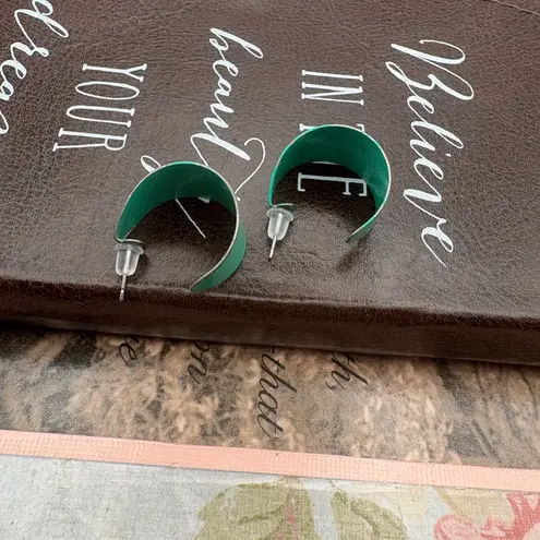 Vintage Green Enamel Half Hoop Earrings 80s 90s Retro Minimalist