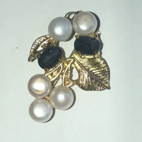 Vintage Genuine Pearls & Blue Stone Pendant or Brooch Gold