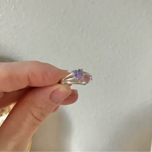 Double Heart Pink Purple Promise Ring Vintage “Jolie” Silver Triple Shank Femme Jewelry