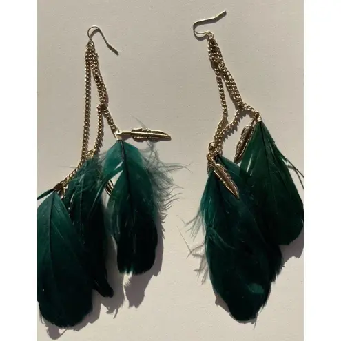 Vintage Dark Green Gold Dangling Real Feather Earrings Western Aztec Sz 7”