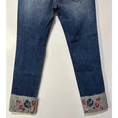 Driftwood Embroidered Colette Jeans Medium Wash Size 25W 26L NWT Floral Cuffed