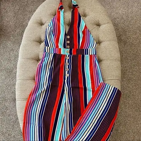 Striped Halter Style Jumpsuit Red