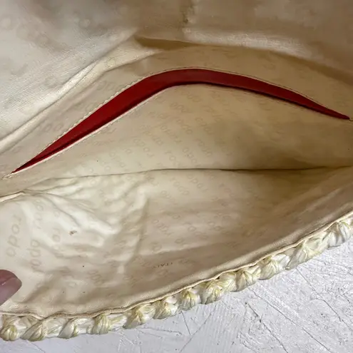 Rodo Raffia Crochet Clutch Handbag Gold Chain Tassel Ivory Evening Bag White