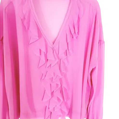 Le Superbe Ruffle Hendrix Tie Neck Chiffon Top in Electric Rose Pink Size 2