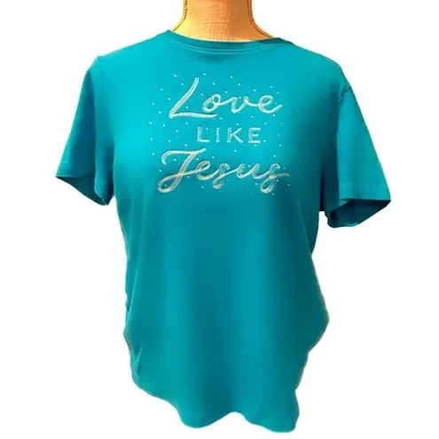 kim rogers Jesus “Love Like Jesus” Rhinestone Embroidered Short Sleeve Tee Shirt Turquoise
