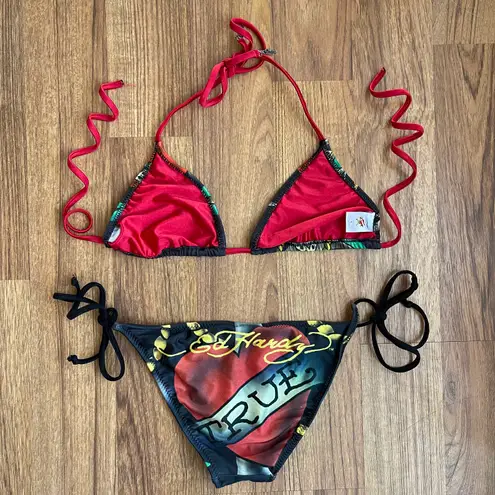 Ed Hardy Vintage Y2K Rare Red Black True Love String Triangle Edgy Bikini Set