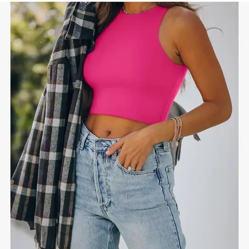 REORIA Butsmooth®Sleeveless Halter Neck Double Lined Casual Basic Tank CropTop Pink