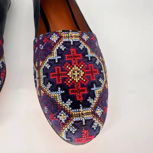 Sundance Segovia Cross-Stitch Embroidered Blue Leather Slip on Flats shoes Sz 6