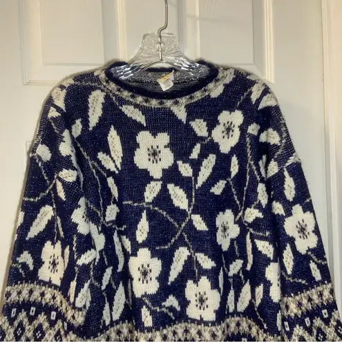 Holiday Time Vintage  Blue/White Floral Print Pullover Sweater size Large