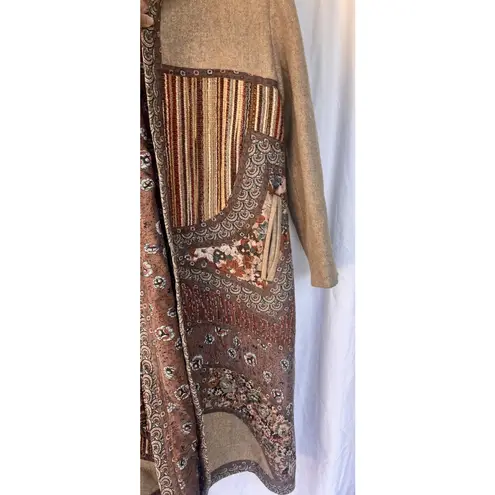 Vintage Backstreet Bohemian Patchwork Coat Wool Belted Southwest Tapestry Medium Brown