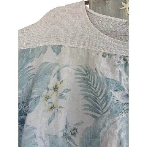 LUNGO L’ARNO Italian Linen Top Women 2X White Blue Floral 100% Linen Beachy