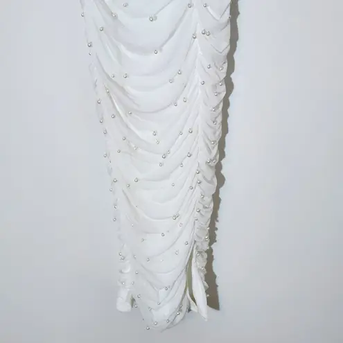 Lulus  White Ruched Midi Dress with Pearl Accents NWT Size XS Bridal Midi Dress