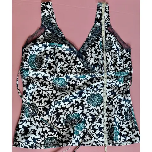 Apostrophe Y2K Satin Top Lace V-neck Lace blouse M Black/green/ White