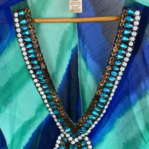 Roulette Blue & Green Print Sequins Embellished Long Sleeve Swim Cover Dress 14