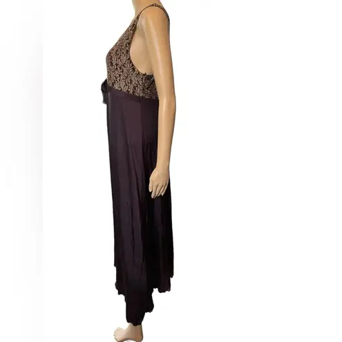 Shadowline Vintage 80s Brown Damask Witchy Romantic Lingerie Maxi Slip Dress Size M