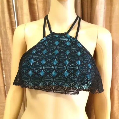 Hula Honey Women's Black Knit Lace Strappy Bikini Powder Blue Lined Size M-NWT