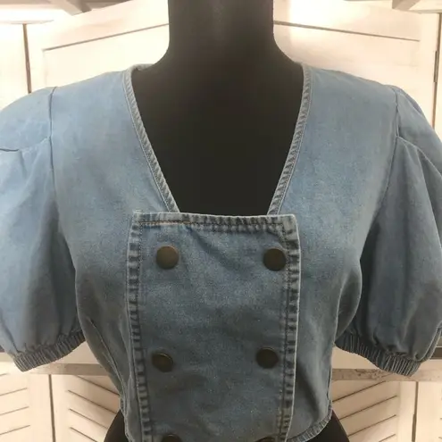 Cenzo Denim Cropped Top Puff Sleeve Light Blue