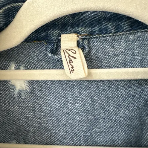 Elan Frayed Distressed Blue Denim Jacket with Slight Crop, Size Large
