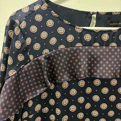 Banana Republic  100% Silk Foulard Long Sleeve Shift Mini Dress Blue Red Ruffle