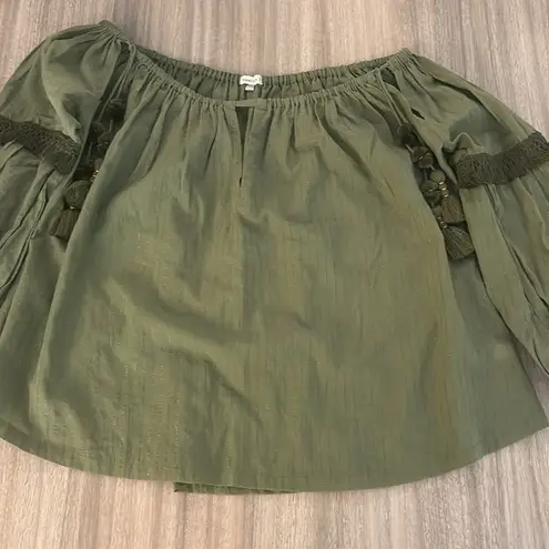 Poupette St Barth Long Sleeve Off Shoulder Tassle Tie Blouse Green Gold Shimmer Size M