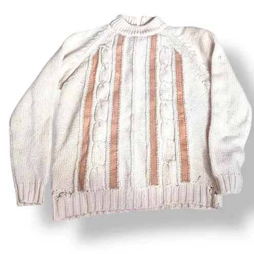 Vintage Tanni 100 Wool Cable Knit Sweater Leather Trim Made in Hong Kong Medium Tan