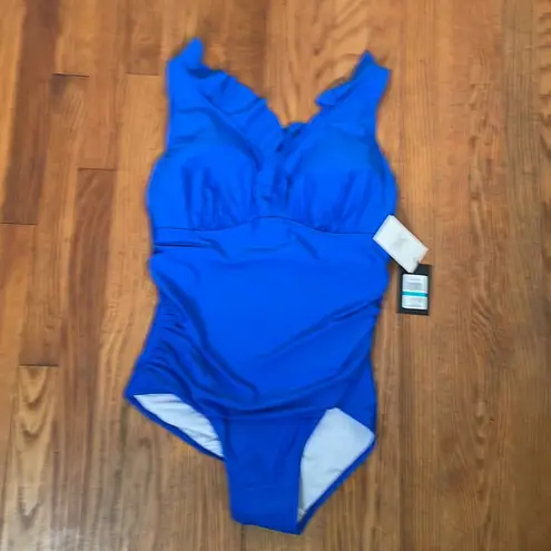 DKNY  Ruffle Plunge Underwire Tummy Control One-Piece Swimsuit Blue size 16 NWT