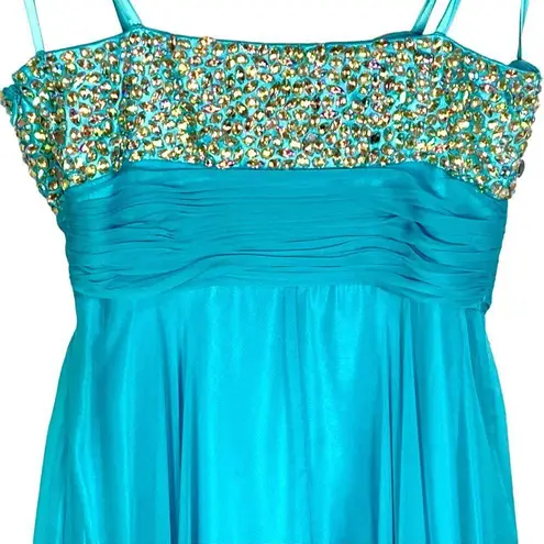 Turquoise Strapless Gown 2 Beaded Bodice Pageant Flowy Chiffon Skirt Prom Fairy Blue