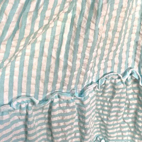 &merci &merci Aqua White Striped Seersucker Tiered Mini Dress S Half Button Puff Sleeve
