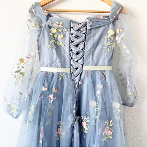 Unbranded Tulle Floral Embroidered Midi Gown Dress in Slate Blue Size 6