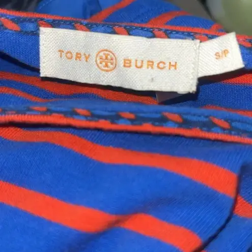 Tory Burch  Red Blue Striped Mini Dress Cotton Ruffle Trim short Sleeve Small