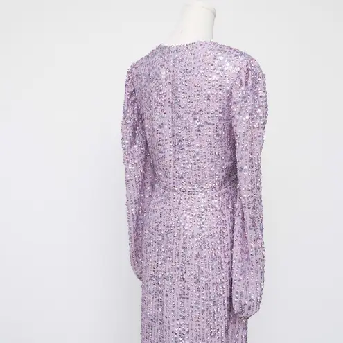 Mac Duggal Purple Sequin Puff Sleeve V Neck Midi Dress