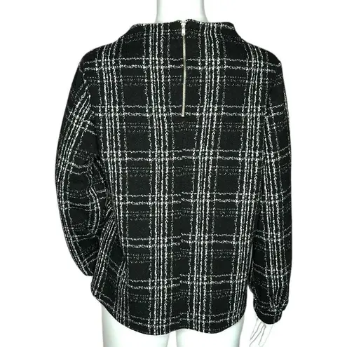 W5 Knit Top Black White Plaid Long Sleeve Wide Mock Neck Exposed Back Zip